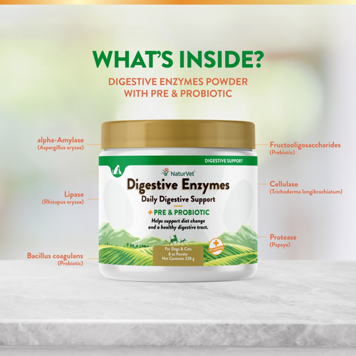 NaturVet Digestive Enzymes Powder with Prebiotics and Probiotics for Dogs and Cats