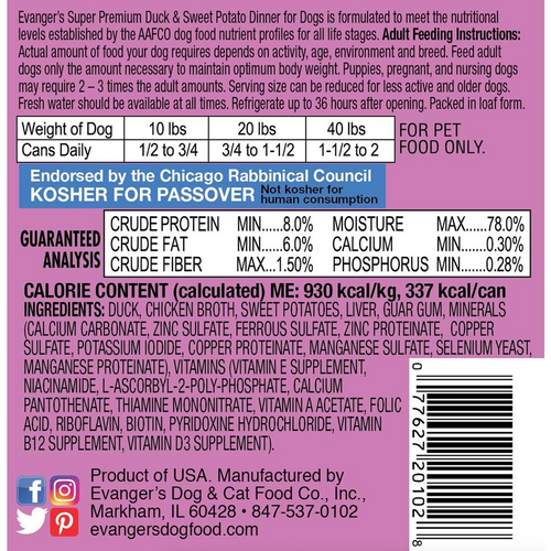 Evanger's Super Premium Duck and Sweet Potato Canned Dog Food