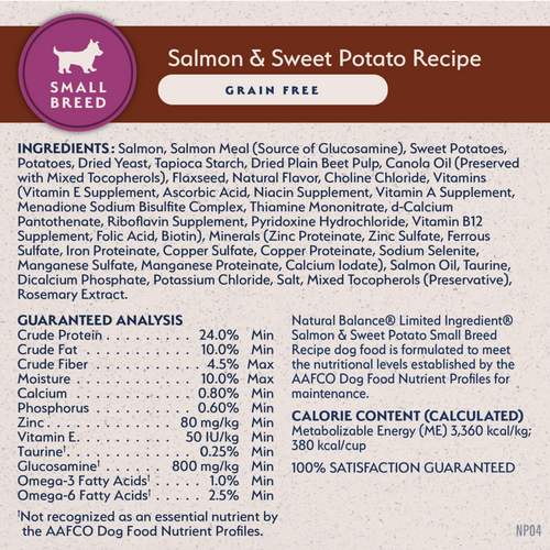 Natural Balance Limited Ingredient Grain Free Dry Dog Food for Small Breeds, Salmon & Sweet Potato