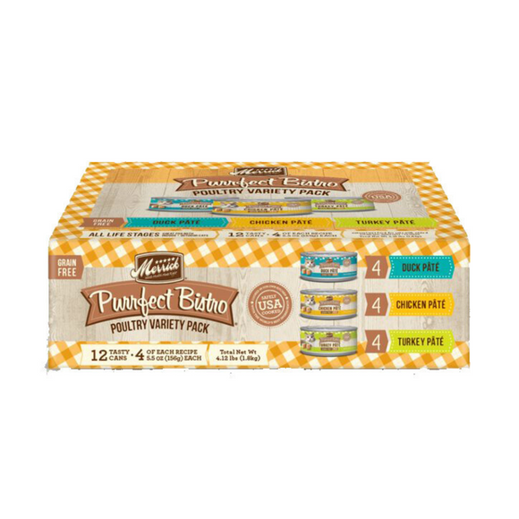 Merrick Purrfect Bistro Grain Free Premium Canned Pate Adult Wet Cat Food, Variety Pack, Chicken, Duck, Turkey