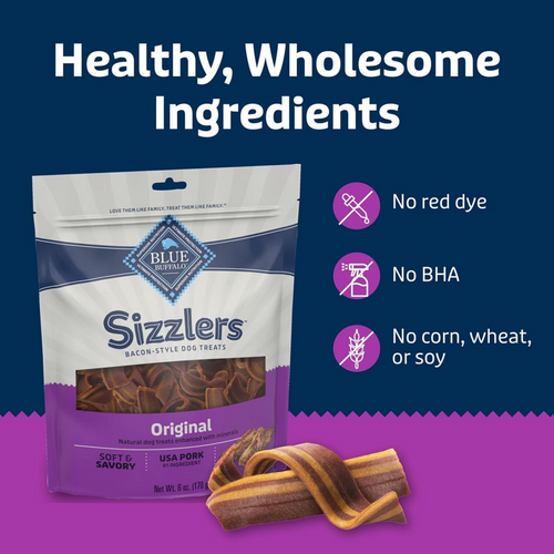 Blue Buffalo Sizzlers Natural Soft Dog Treats, Bacon-Style Soft-Moist Dog Treats with Real USA Pork, Original Flavor