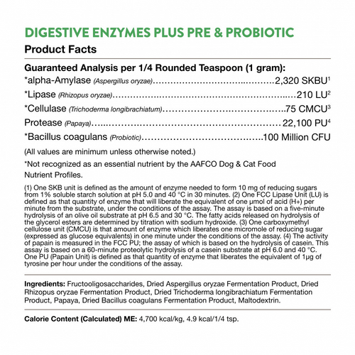 NaturVet Digestive Enzymes Powder with Prebiotics and Probiotics for Dogs and Cats