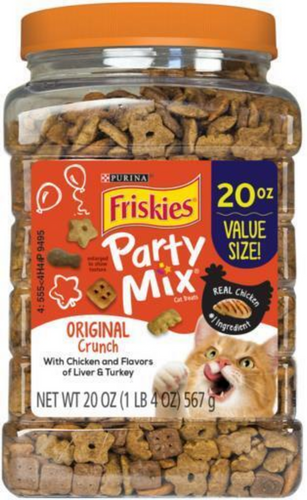 Purina Friskies Party Mix Crunch Original Chicken Liver and Turkey Cat Treats Canister