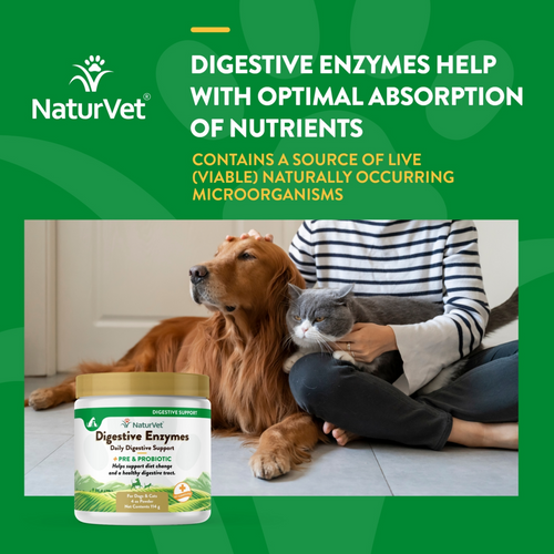 NaturVet Digestive Enzymes Powder with Prebiotics and Probiotics for Dogs and Cats