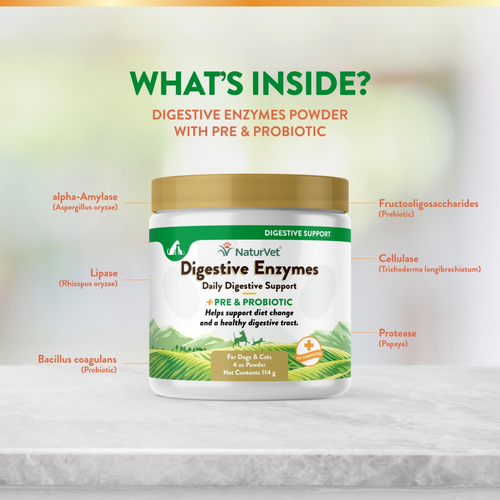 NaturVet Digestive Enzymes Powder with Prebiotics and Probiotics for Dogs and Cats